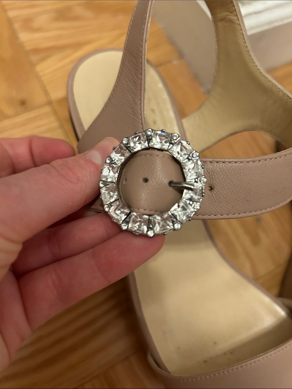 Jimmy Choo Nude Taupe Leather Wedge Sandals with Crystal Buckles - Picture 4 of 13